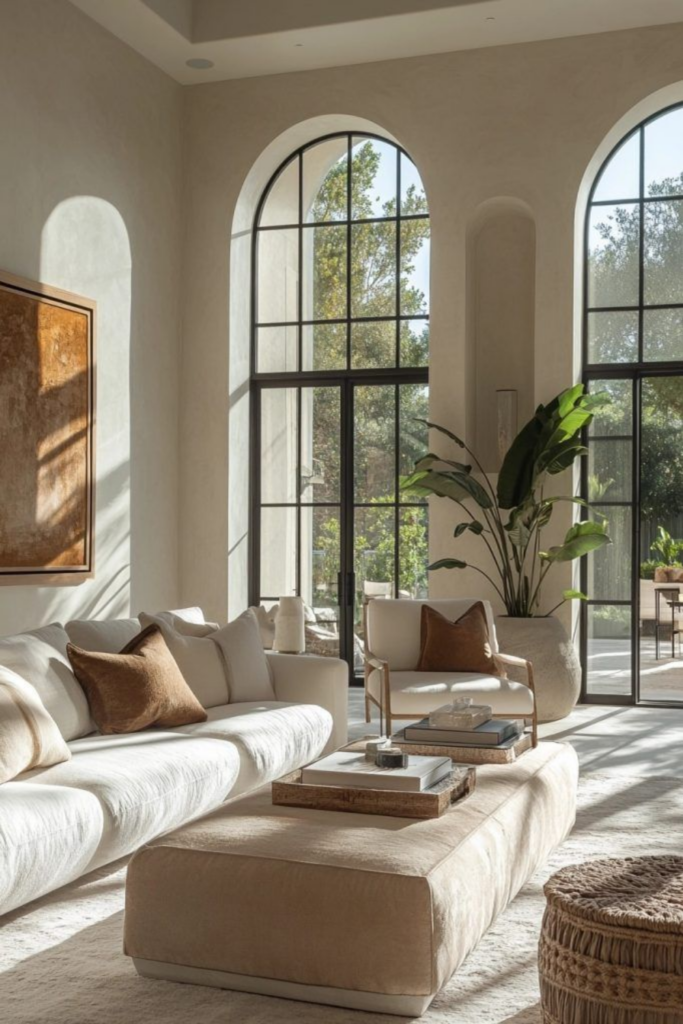 “soft modern living room with curved sofa and neutral tones” “modern meets classic living room with curved sofa
